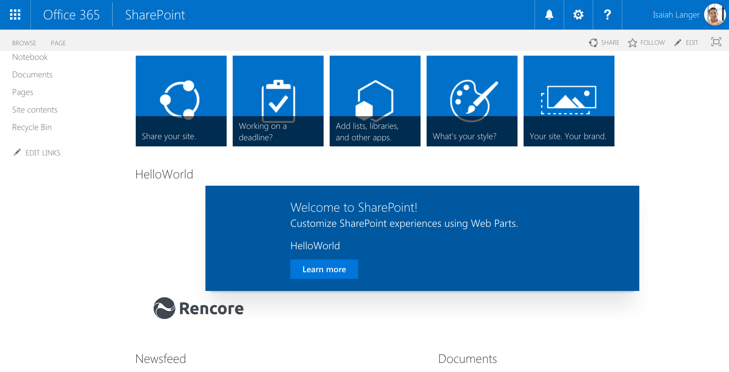 SharePoint Framework client-side web part on a classic page, showing the Rencore logo