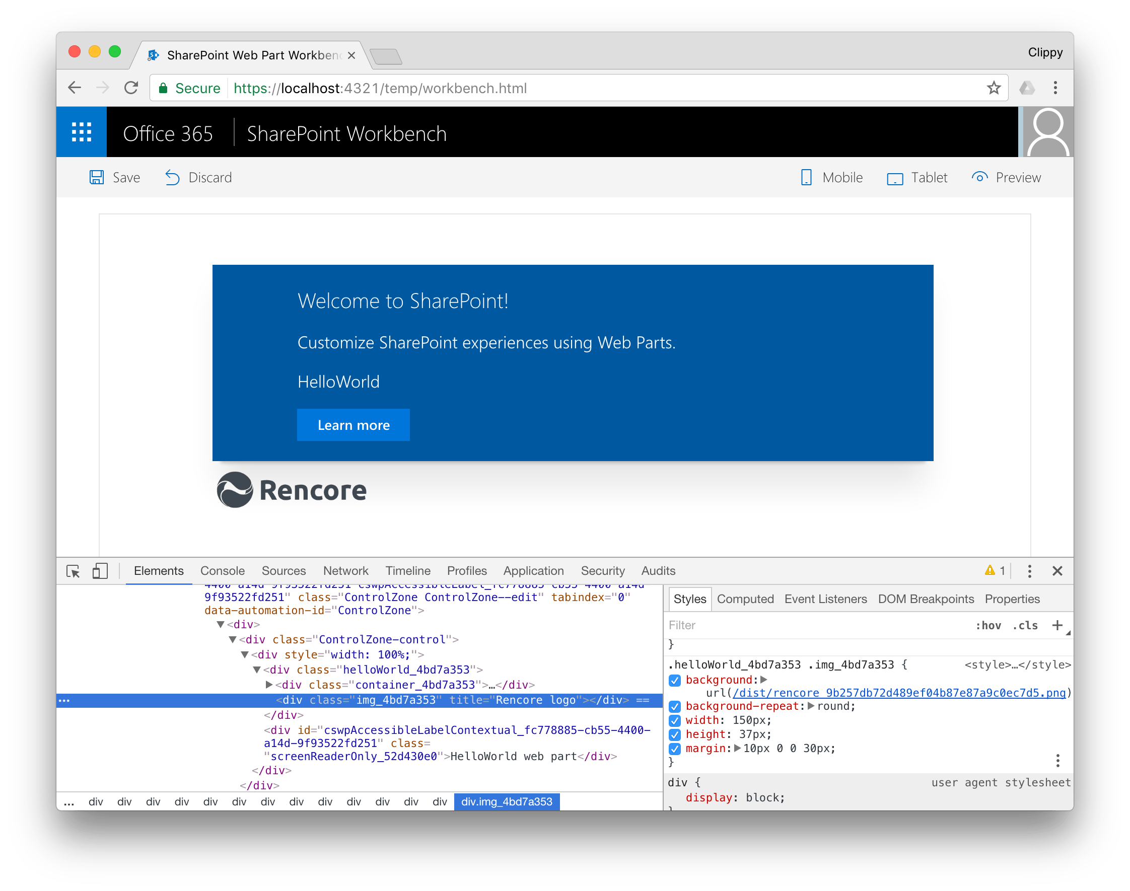 The CSS properties of a div with the Rencore logo image background displayed in a SharePoint Framework client-side web part, highlighted in the Chrome developer tools