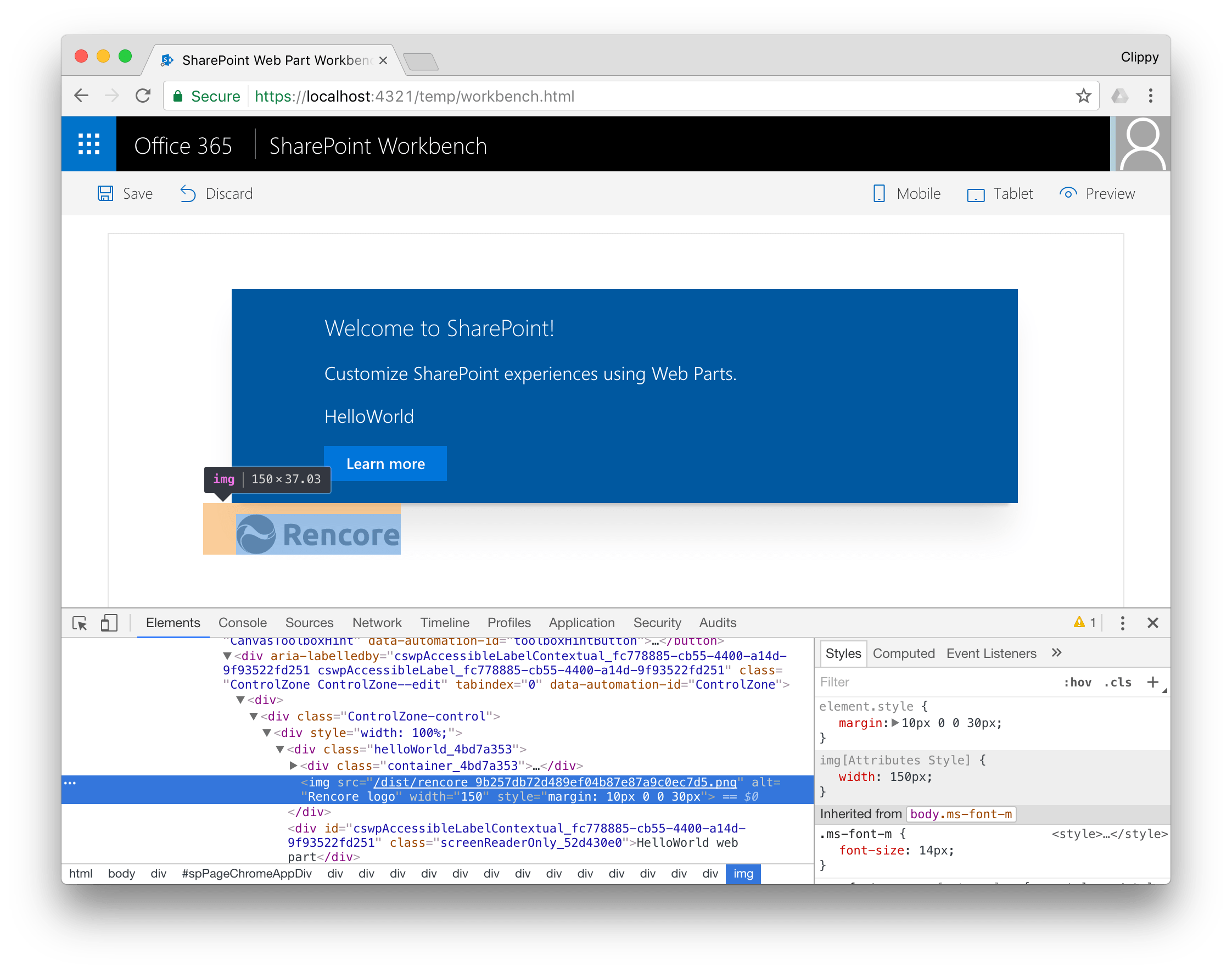 The img tag of the Rencore logo showed in a SharePoint Framework client-side web part, highlighted in the Chrome developer tools