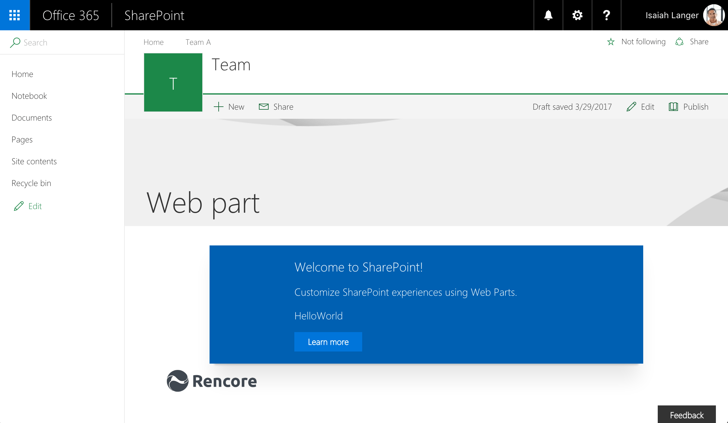 SharePoint Framework client-side web part on a modern page, showing the Rencore logo