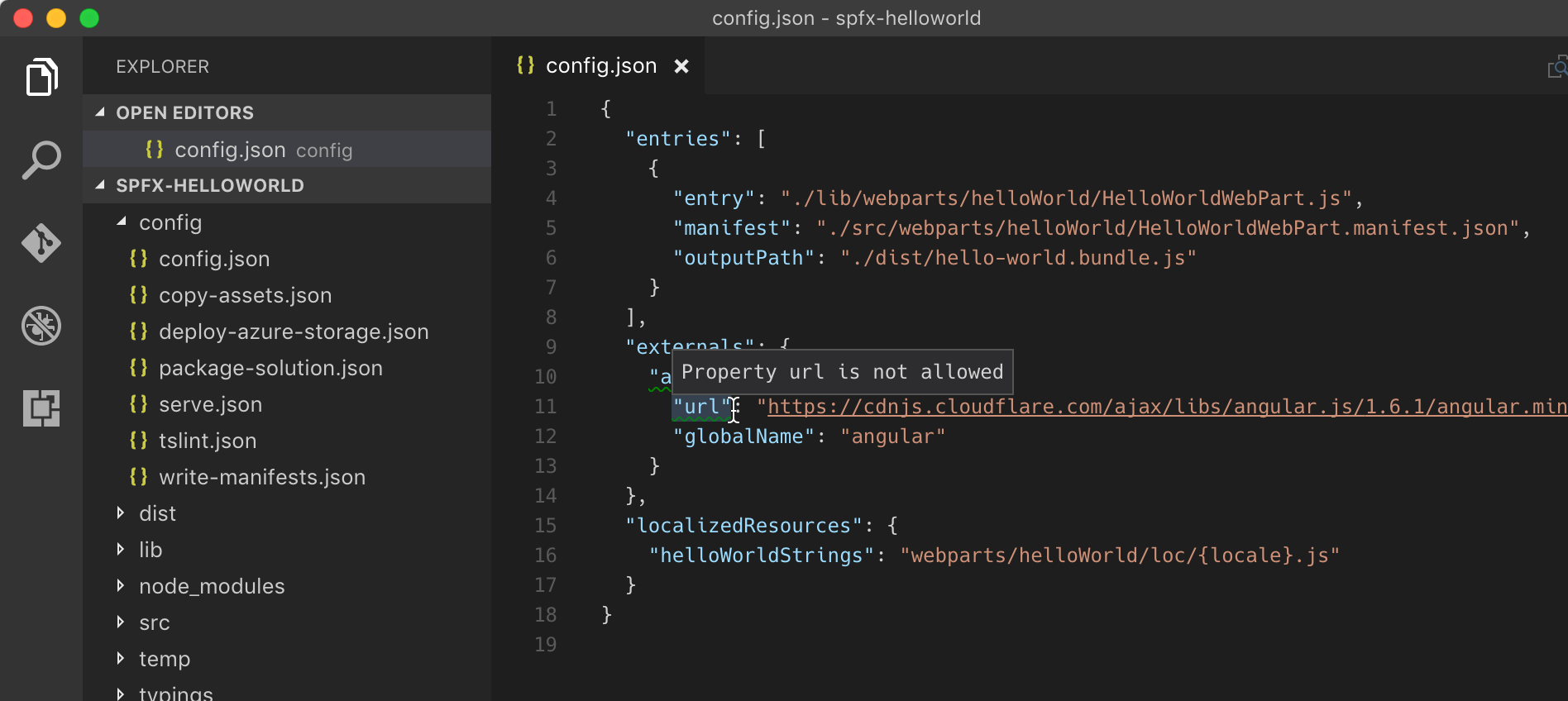 Visual Studio Code pointing out an invalid property in a SharePoint Framework project configuration file