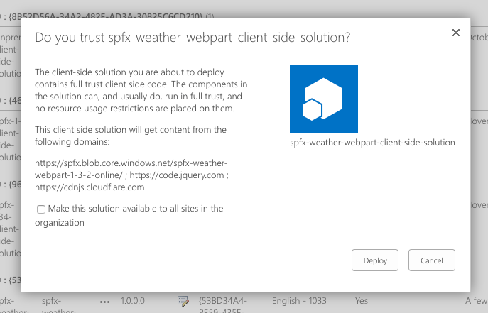 SharePoint dialog showing list of locations from which the SharePoint Framework solution downloads scripts