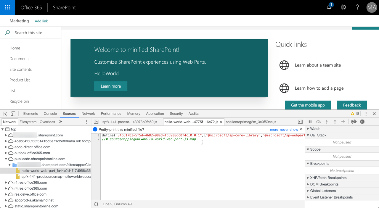 Minified source of a SharePoint Framework client-side web part loaded in Google Chrome developer tools