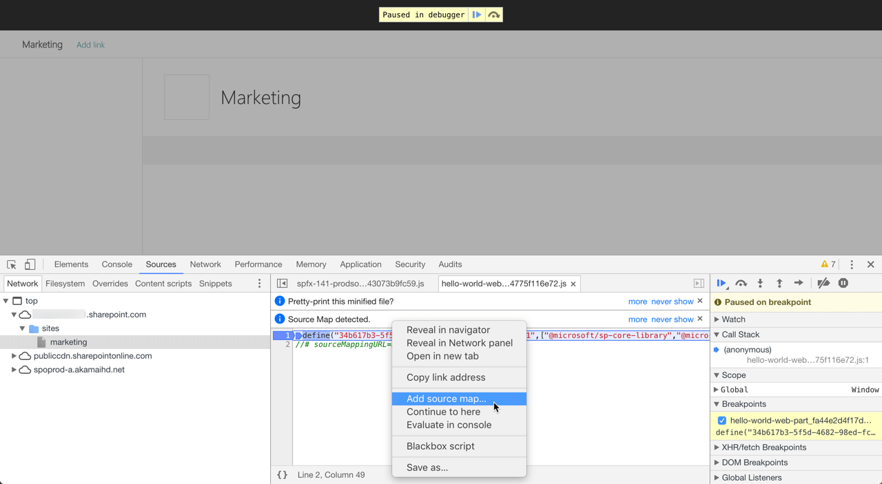 The 'Add source map' option highlighted in the context menu