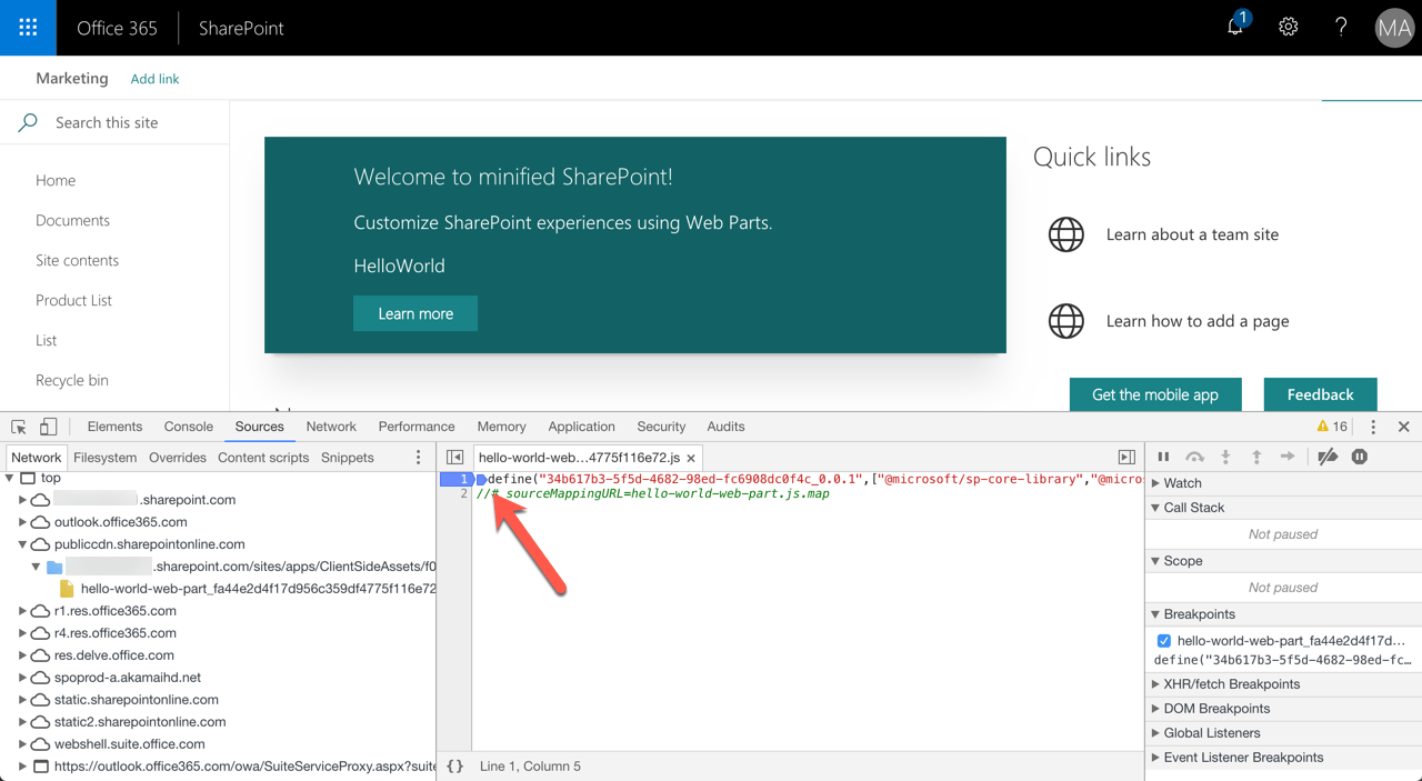 Breakpoint added before the 'define' keyword in a minified SharePoint Framework web part bundle