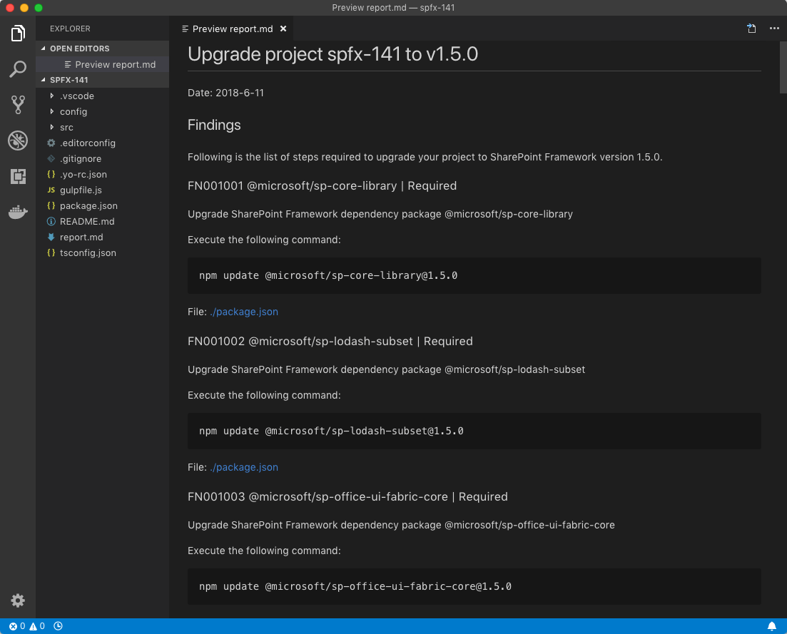 Detailed findings to upgrade a SharePoint Framework project displayed in the upgrade report generated by the Office 365 CLI