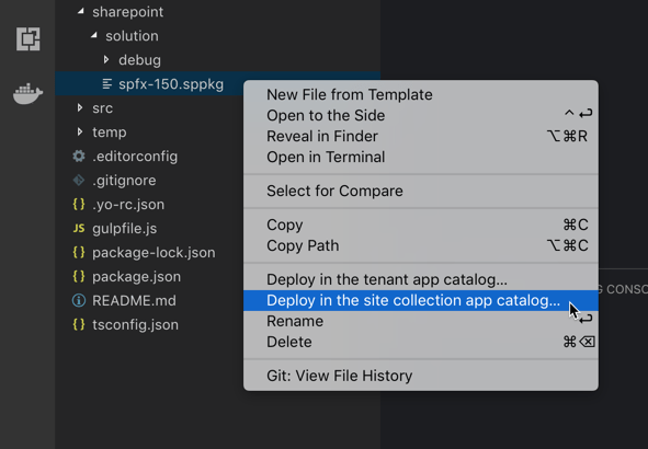 The 'Deploy in the site collection app catalog' option highlighted in Visual Studio Code