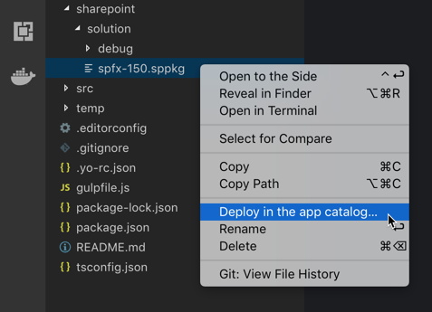 The 'Deploy in the app catalog' menu option highlighted in Visual Studio Code