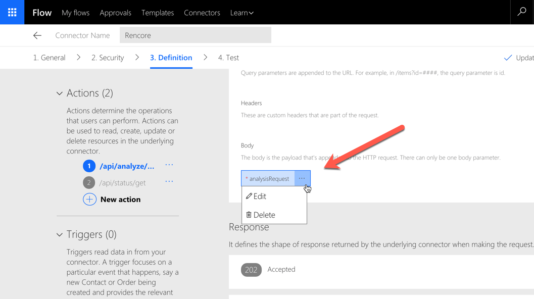 Arrow pointing to a request parameter button in Microsoft Flow connector