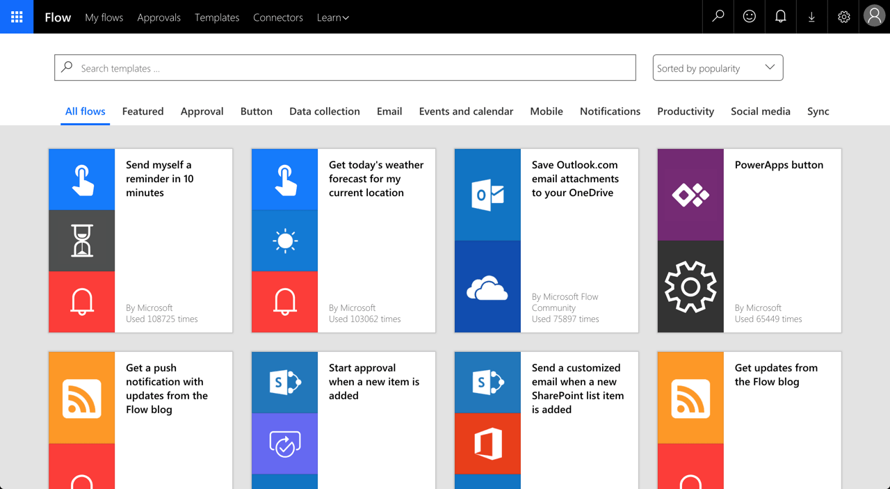 Flow templates provided by Microsoft