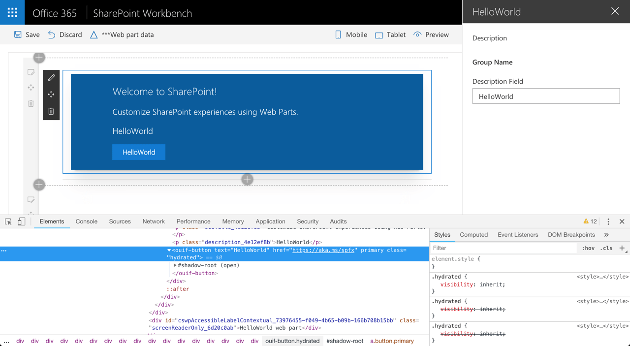 Button styled after Office UI Fabric implemented as a web component used in a SharePoint Framework web part