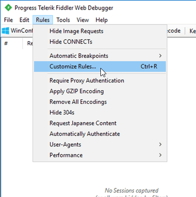 The 'Customize Rules' menu item highlighted in Fiddler