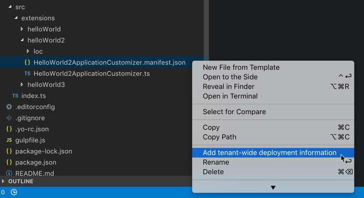 The add tenant-wide deployment information menu option highlighted in Visual Studio Code