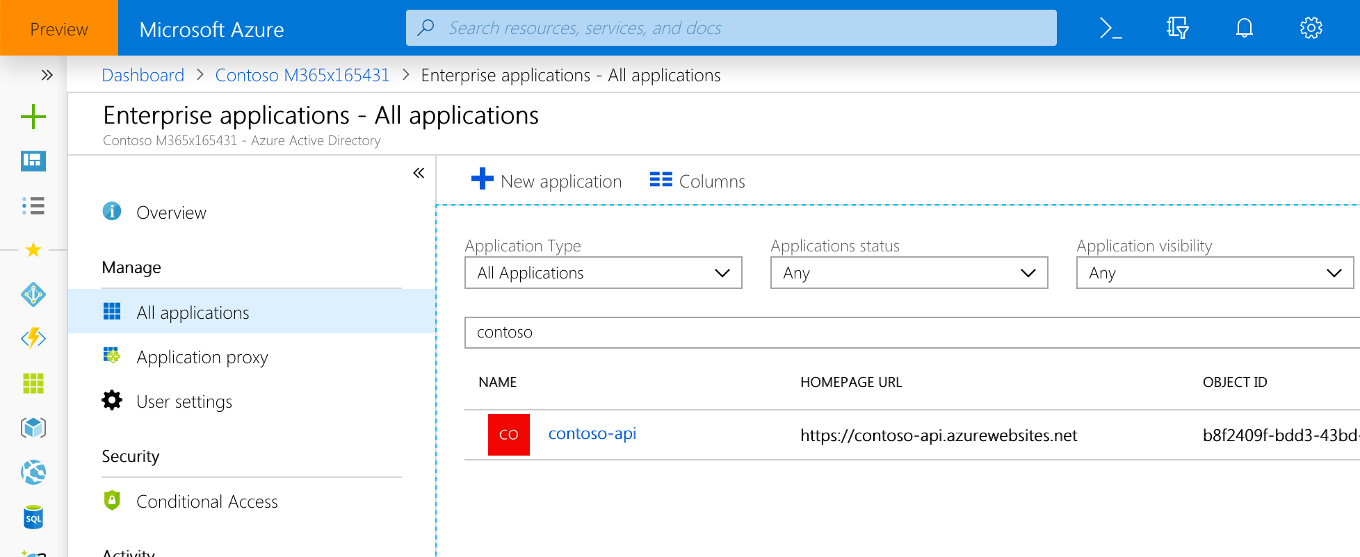 Azure AD application used to secure the API listed among Enterprise applications