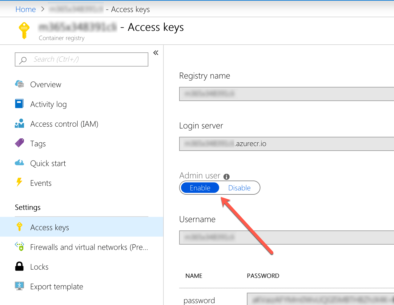 Admin account enabled on the Azure Container Registry