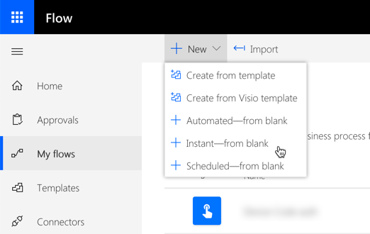 The 'Instant Flow' menu item highlighted in Microsoft Flow