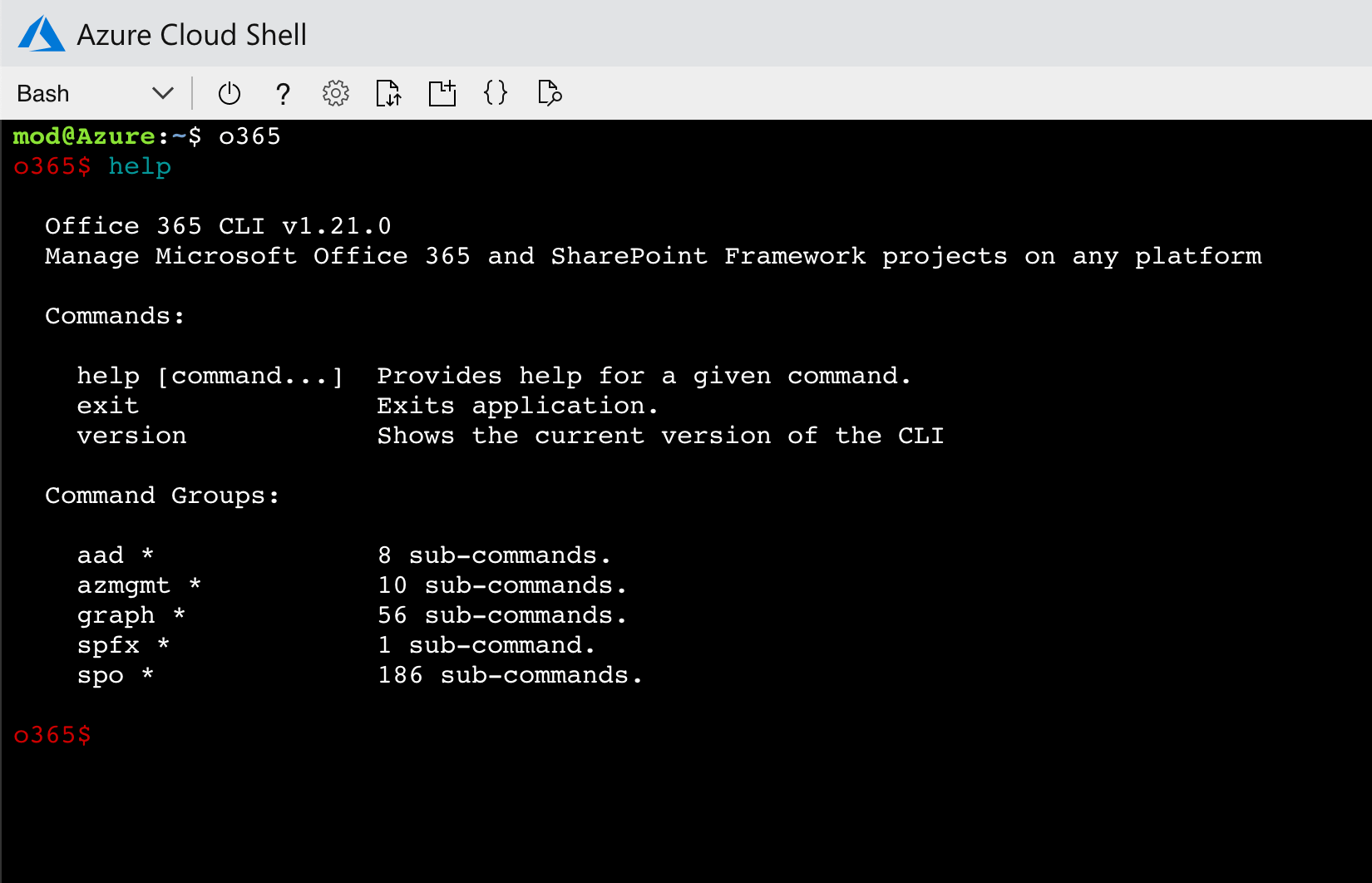 Office 365 CLI running in the Azure Cloud Shell