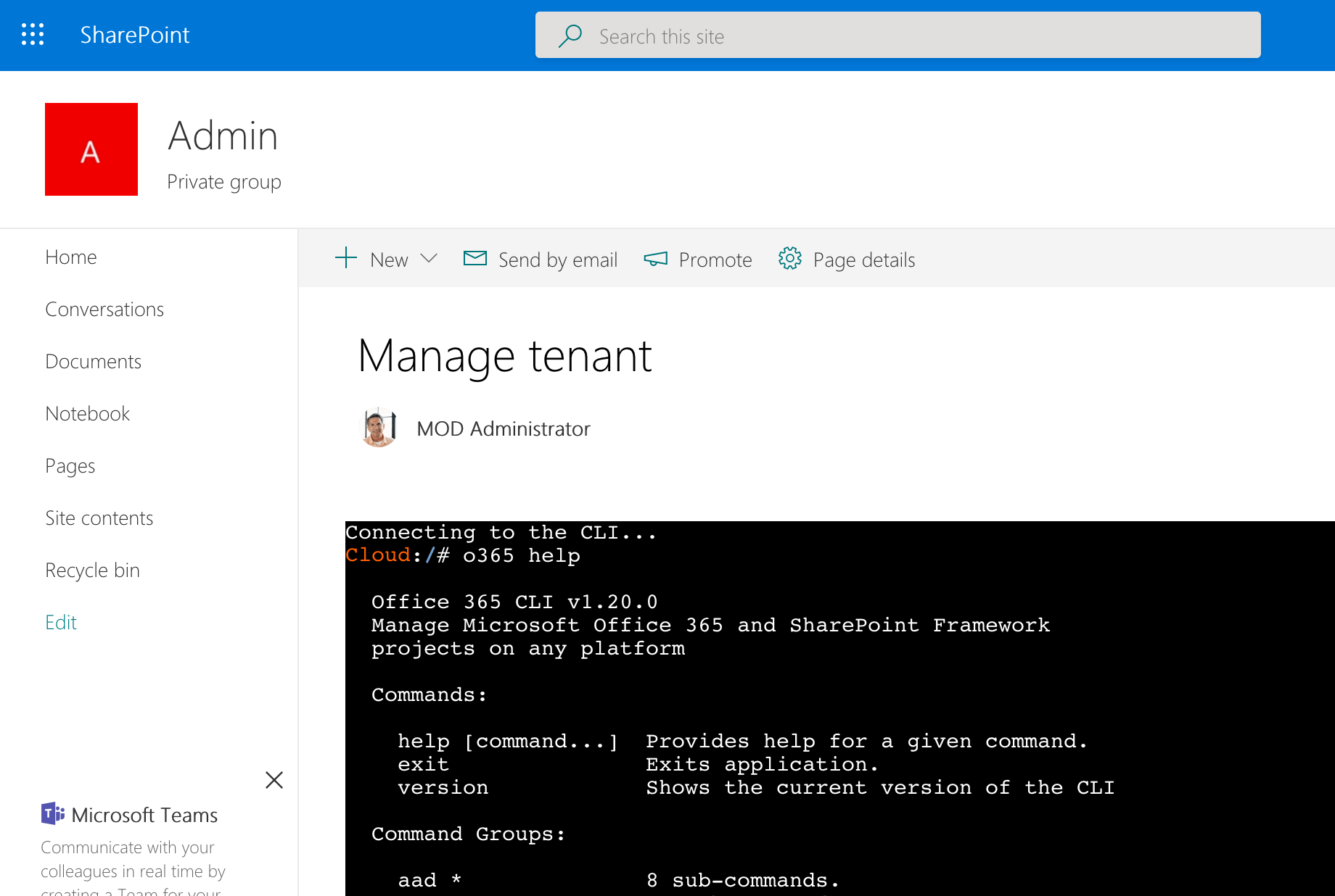 Office 365 CLI running in a SharePoint Framework web part