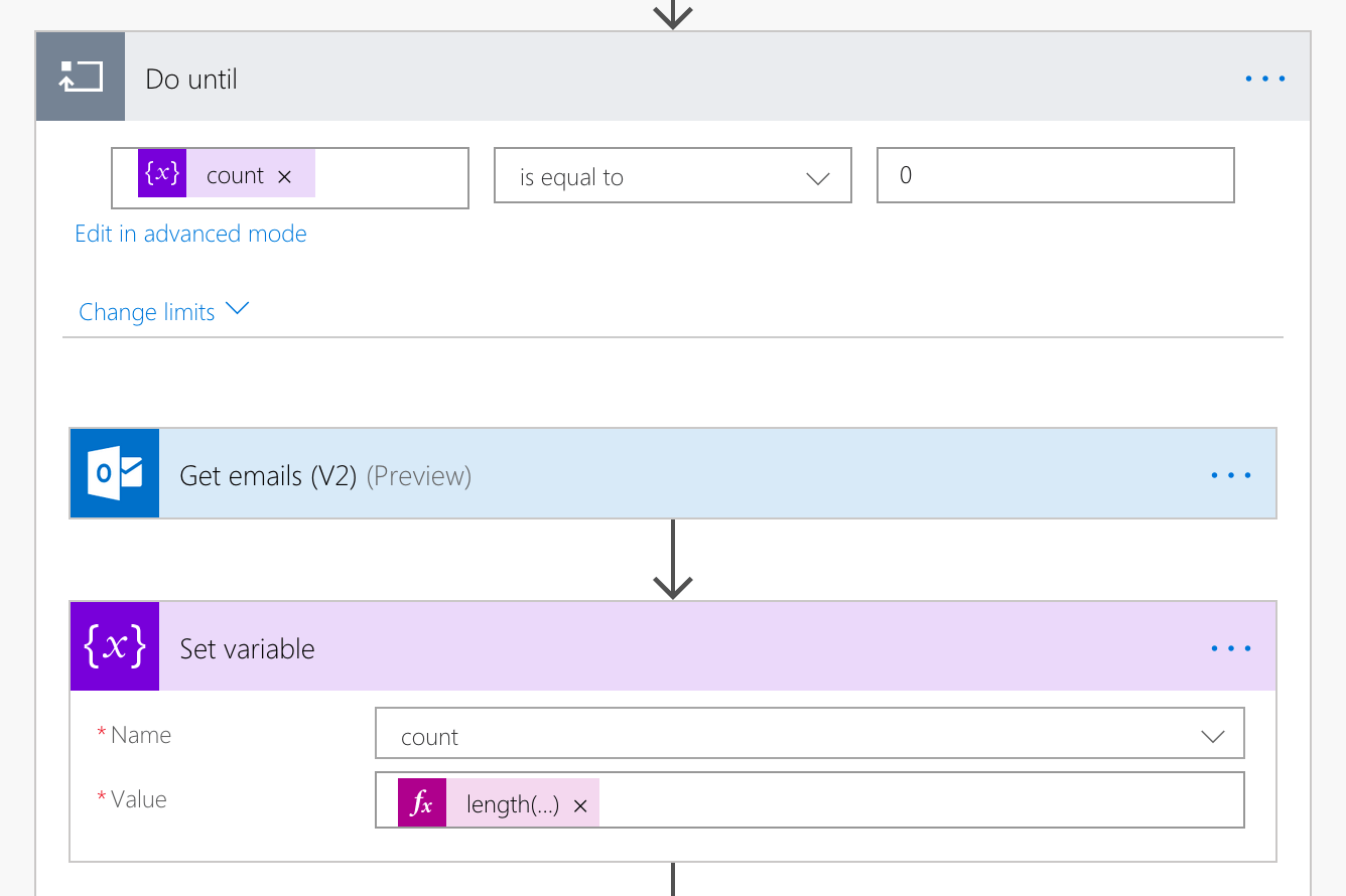 Set variable action configured to update the number of retrieved e-mails