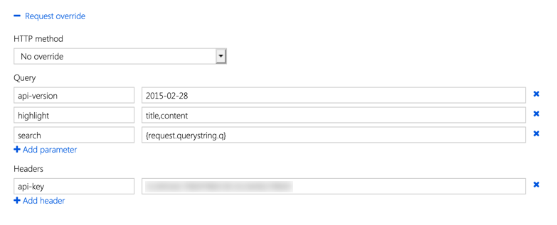 Azure Function Proxy request override settings for calling an Azure Search instance
