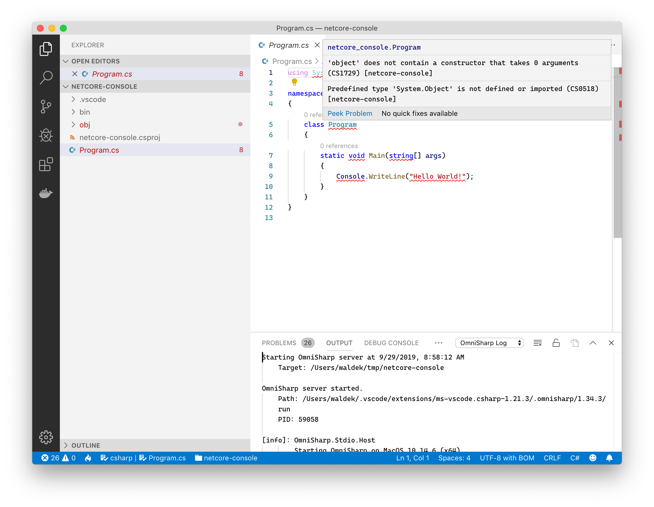 VSCode code window highlighting errors in a C# code file