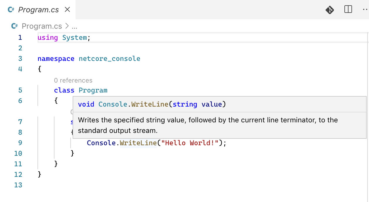 VSCode code window showing intellisense for a .NET Core console application