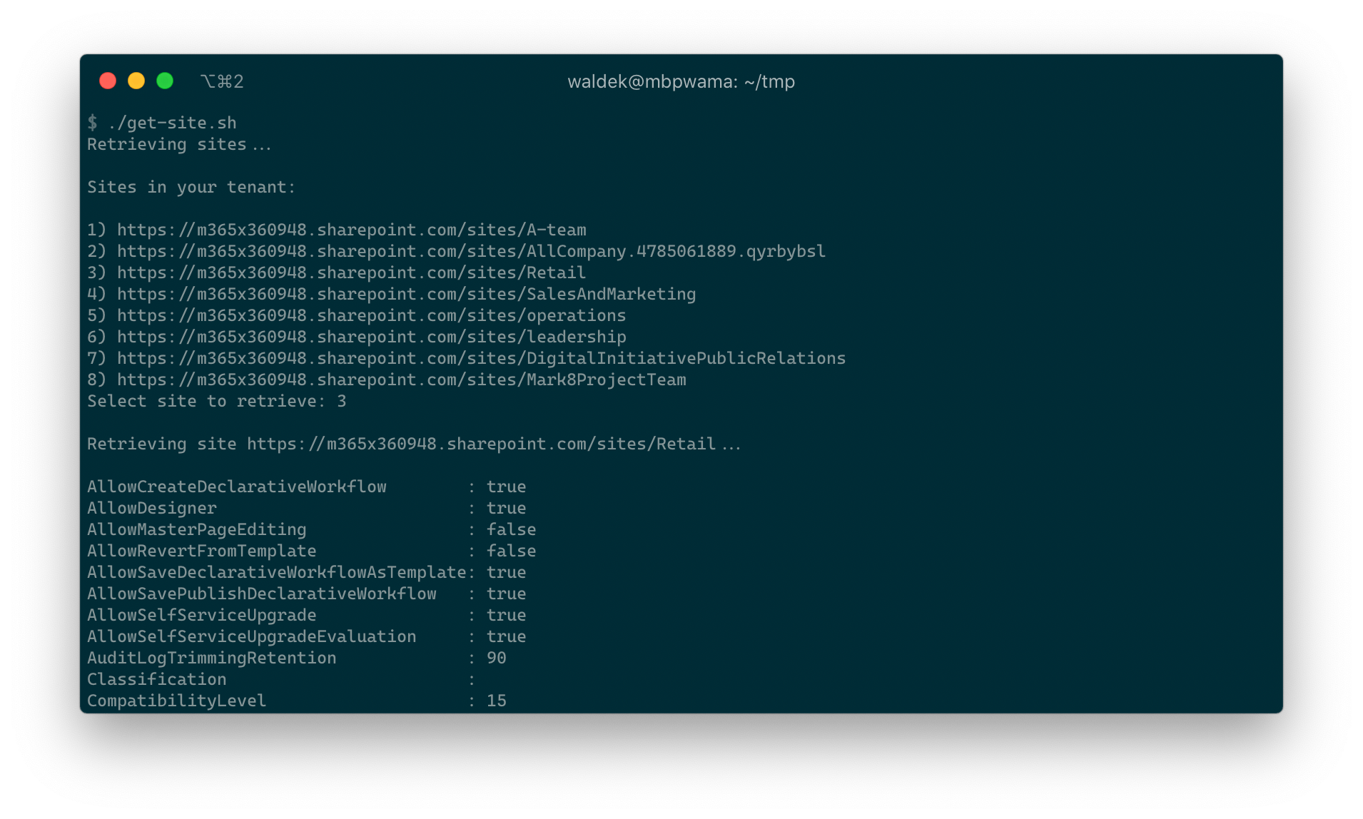 iTerm window on macOS showing the interactive script for retrieving information about a specific site using the Office 365 CLI