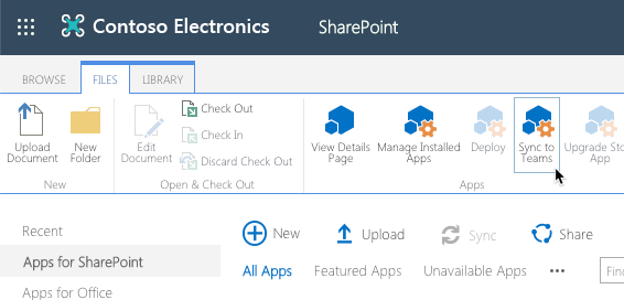 The 'Sync to Teams' button highlighted in the SharePoint App catalog ribbon