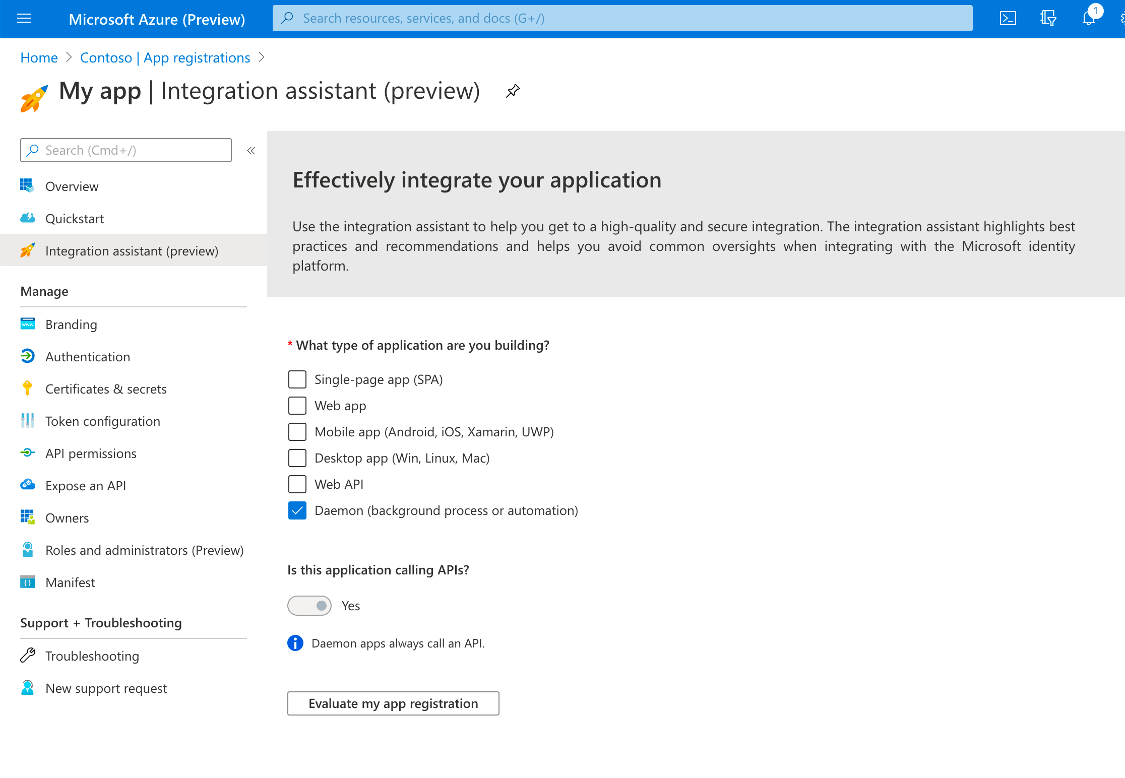 Deamon application selected as the application to set up in the Integration assistant