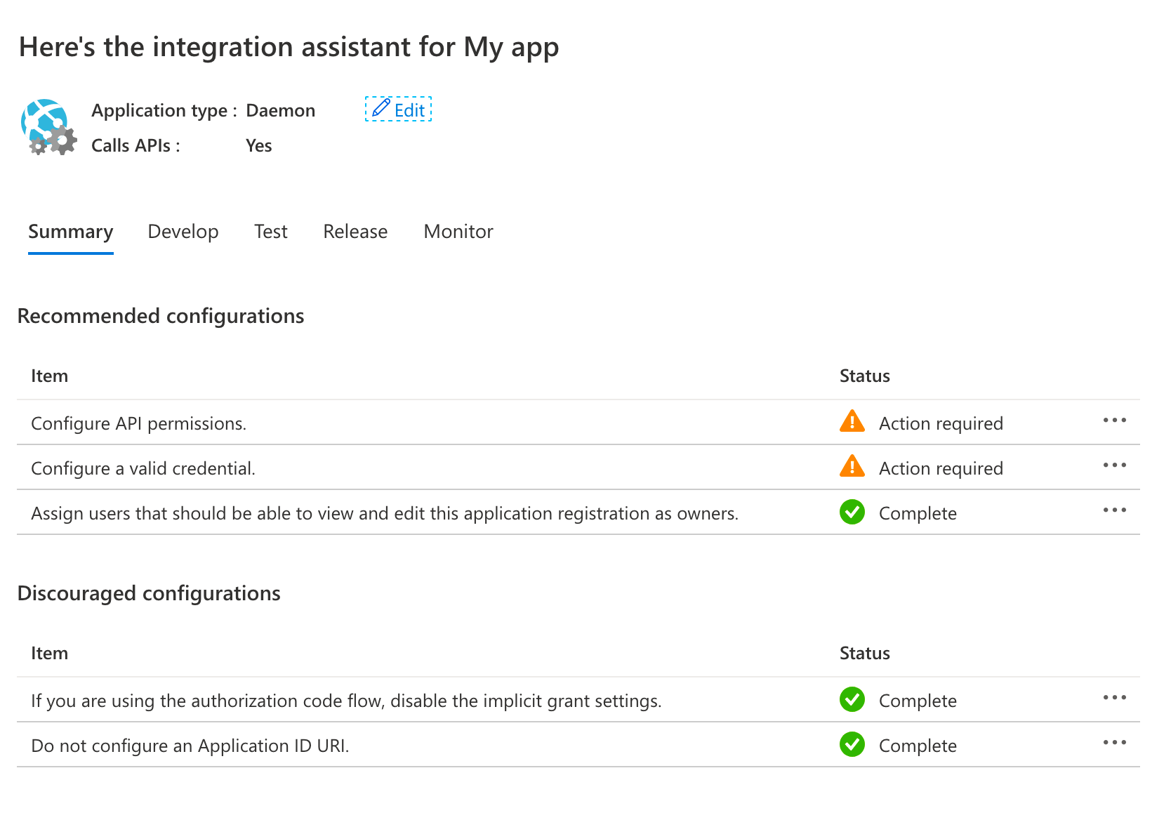 Configuration status displayed by the Integration assistant
