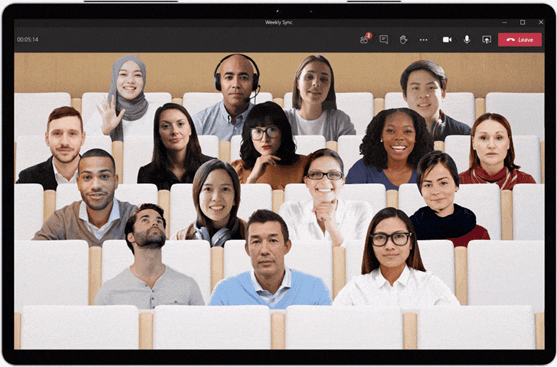 Participants in a video call using Microsoft Teams displayed in a theater setting using the Together mode