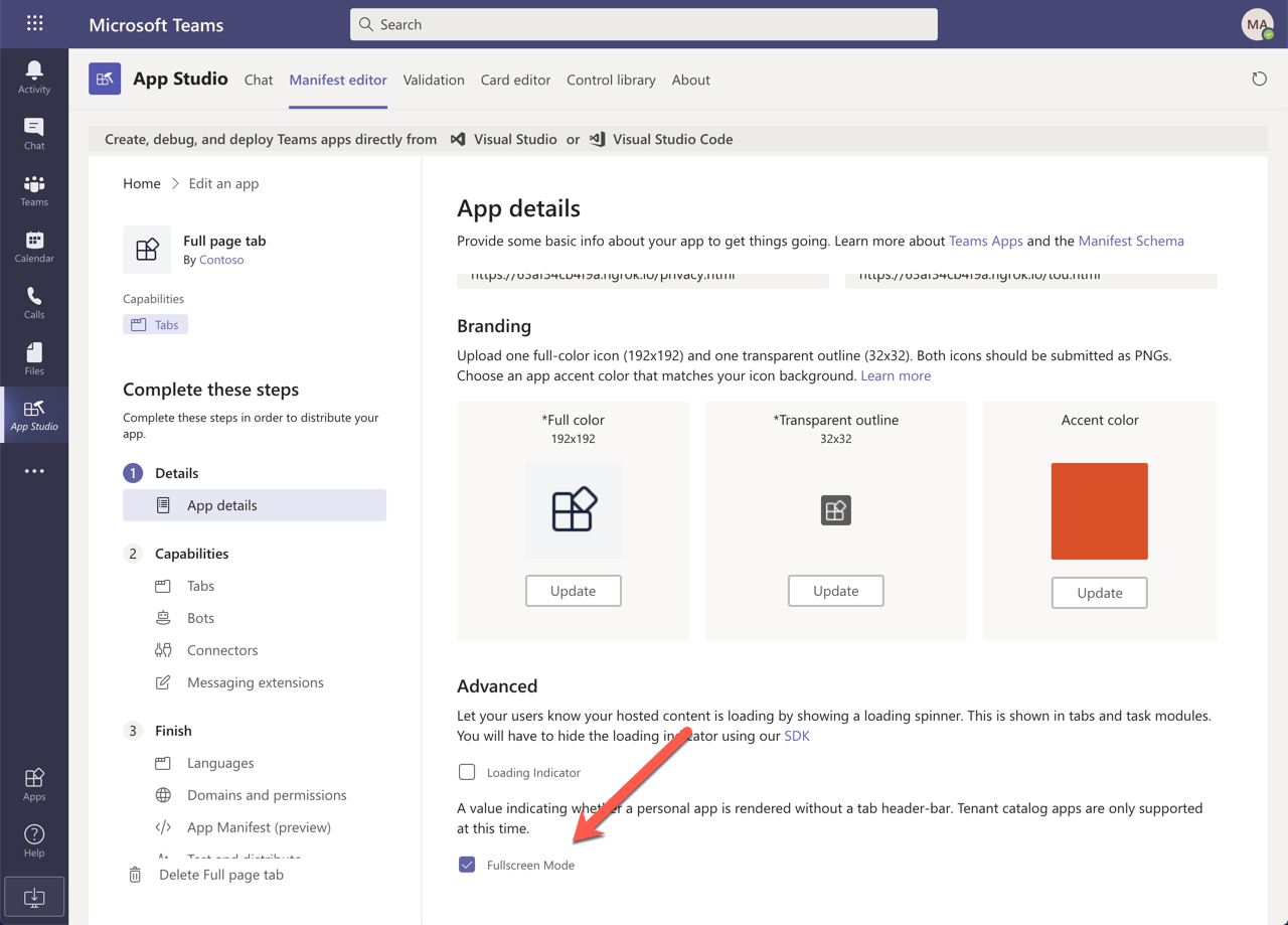 Arrow pointing to the 'Fullscreen mode' checkbox in App Studio