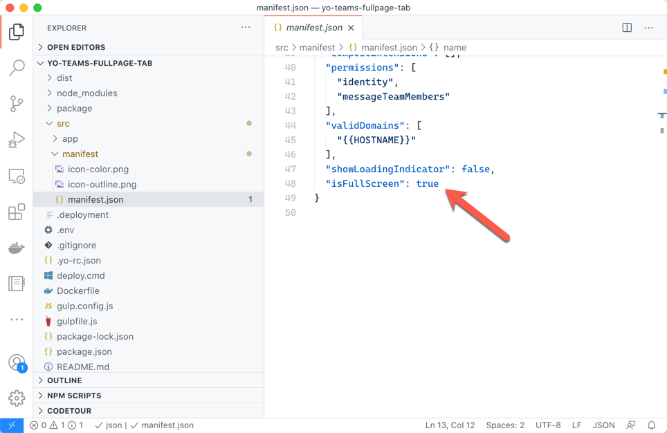 The 'isFullScreen' property highlighted in Teams manifest