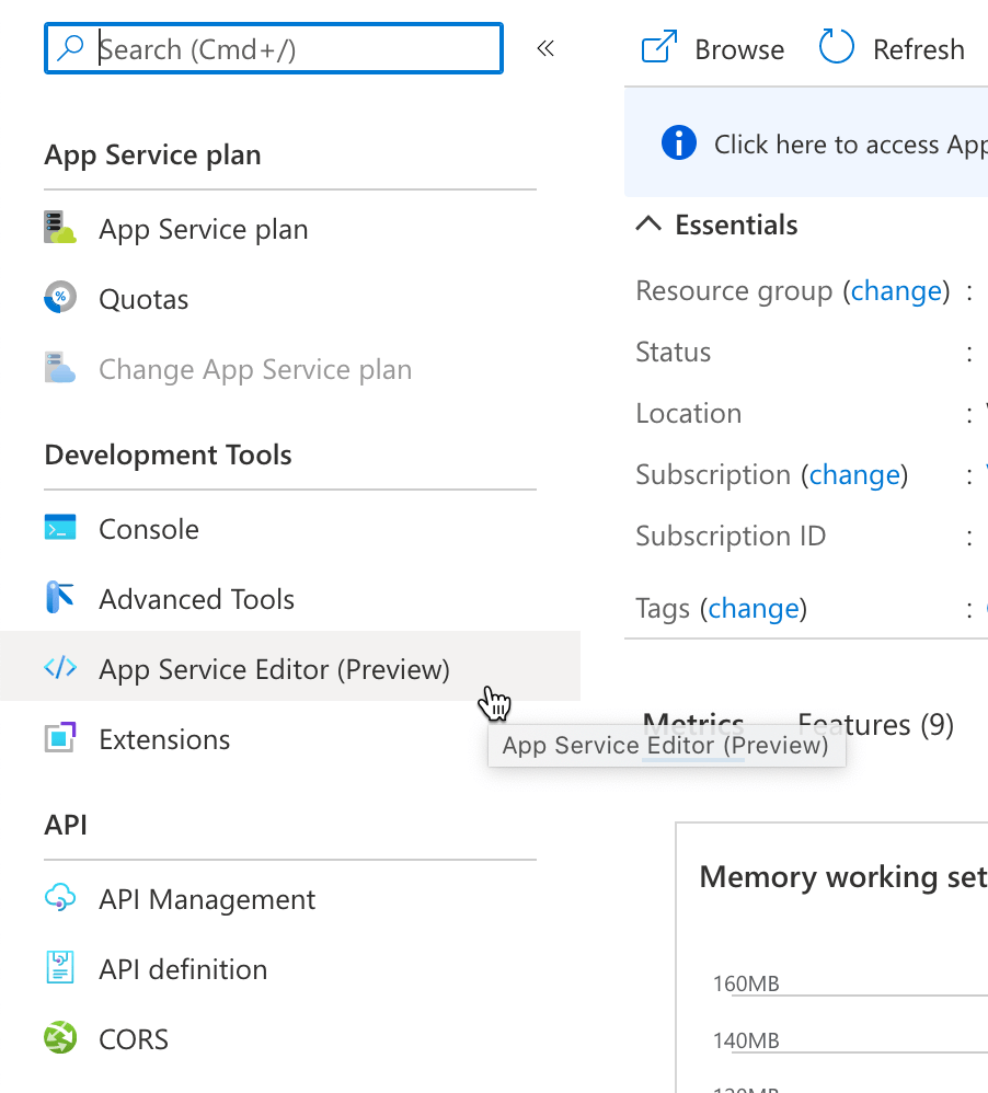 The 'App Service Editor' option highlighted in the Azure portal