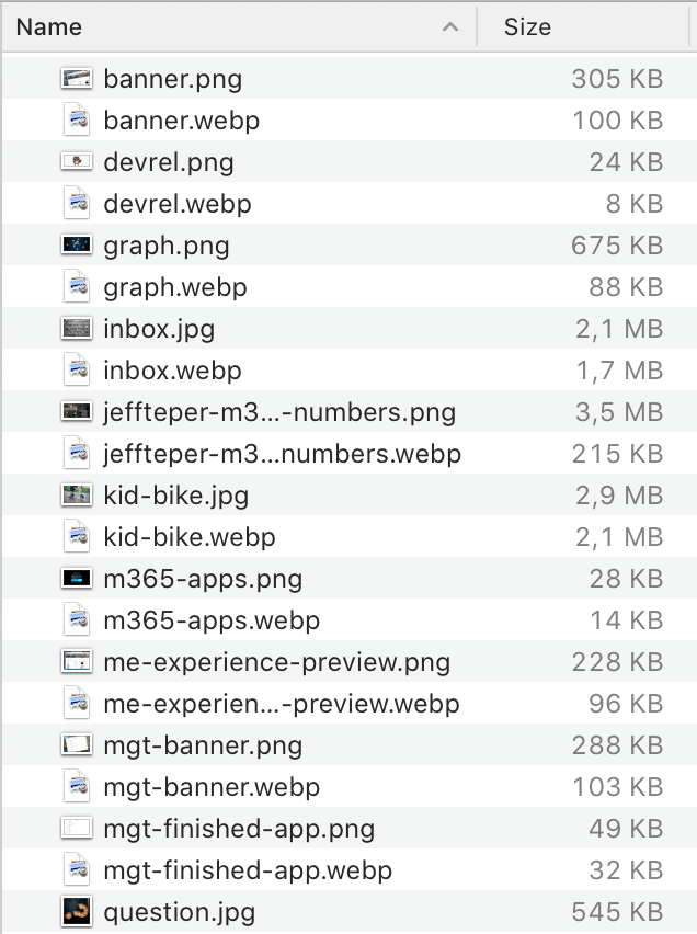 List of images showing jpg/png images and their webp equivalent and their sizes in comparison