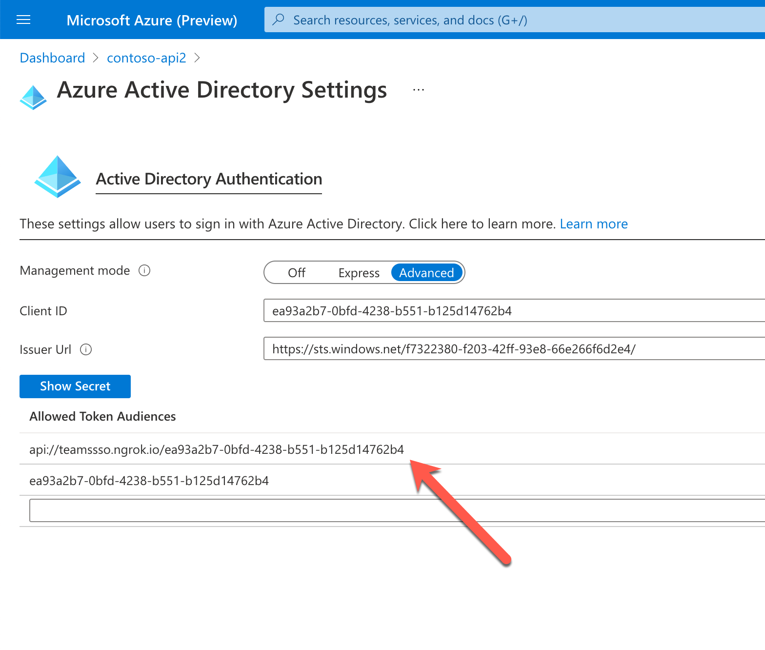 Arrow pointing to the Azure AD app API URI in the API's EasyAuth configuration