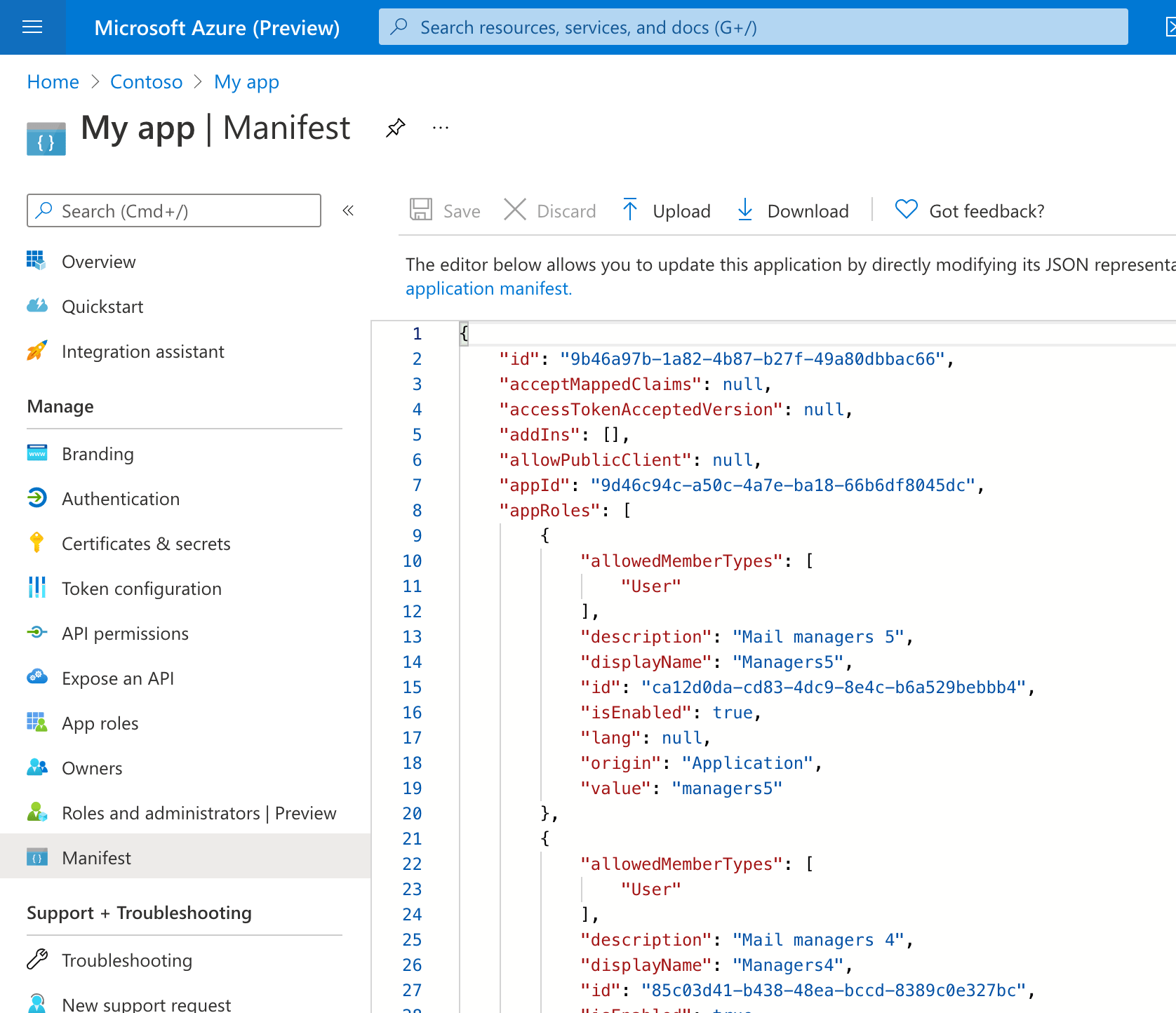 Azure AD app registration manifest in the Azure Portal