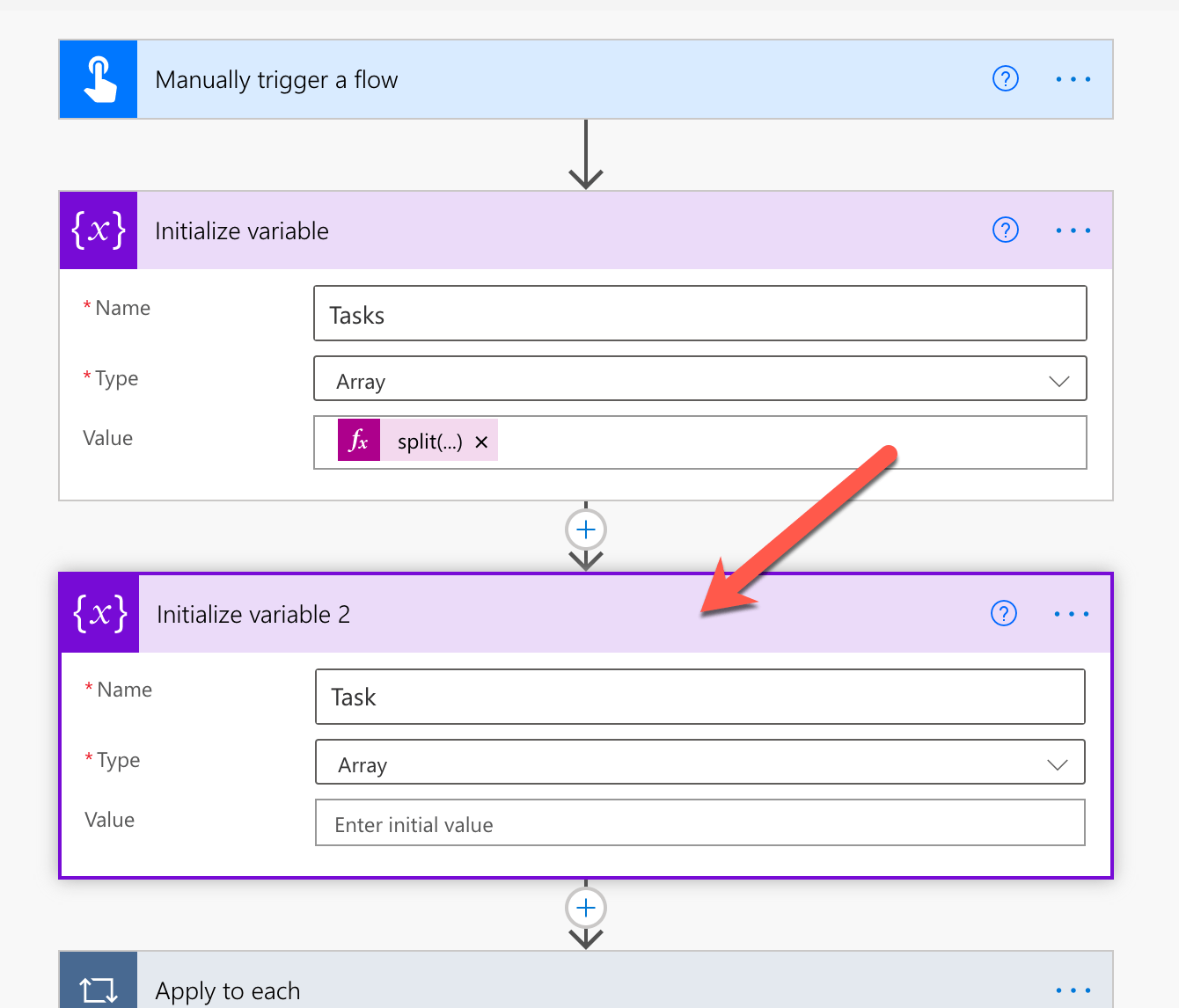 Initialize variable action for the 'Task' variable highlighted in the Power Automate flow editor