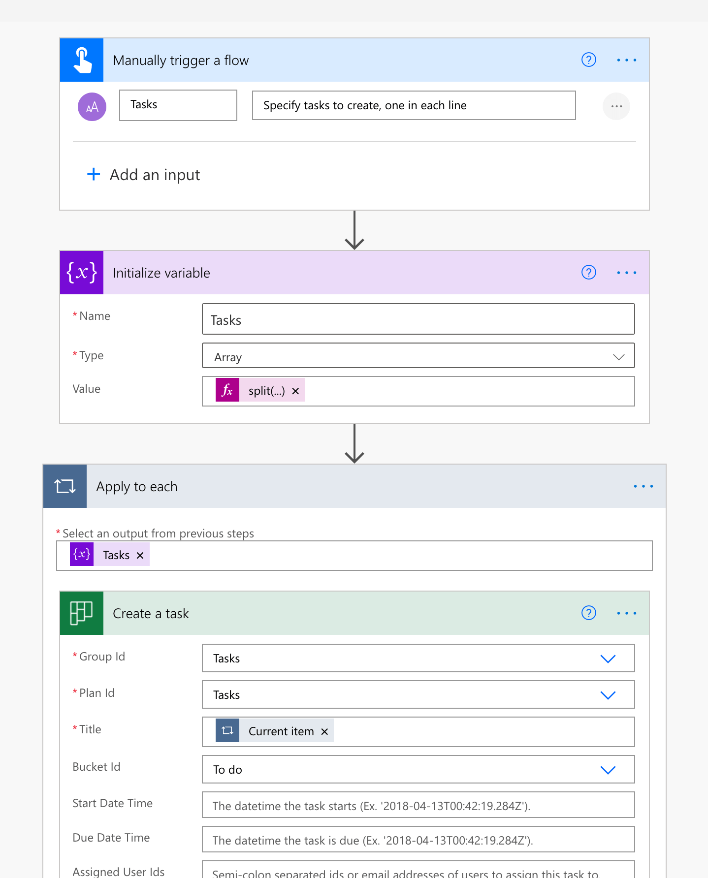 Screenshot of a flow to automate creating Planner tasks