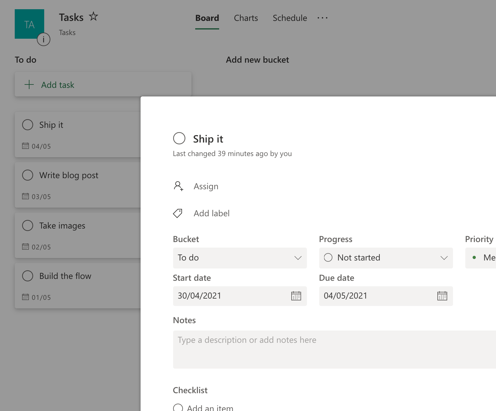 Modal dialog showing a Planner task in Planner