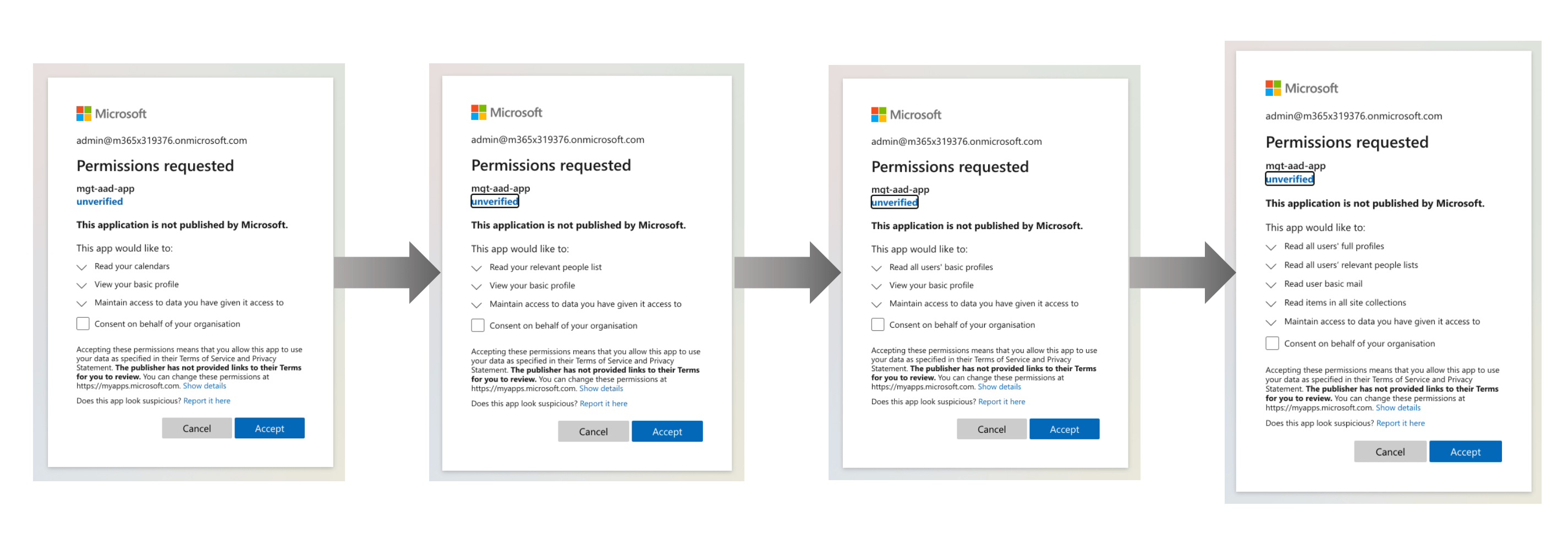 Additional consent prompts displayed by the app when loading upcoming events using Microsoft Graph Toolkit components
