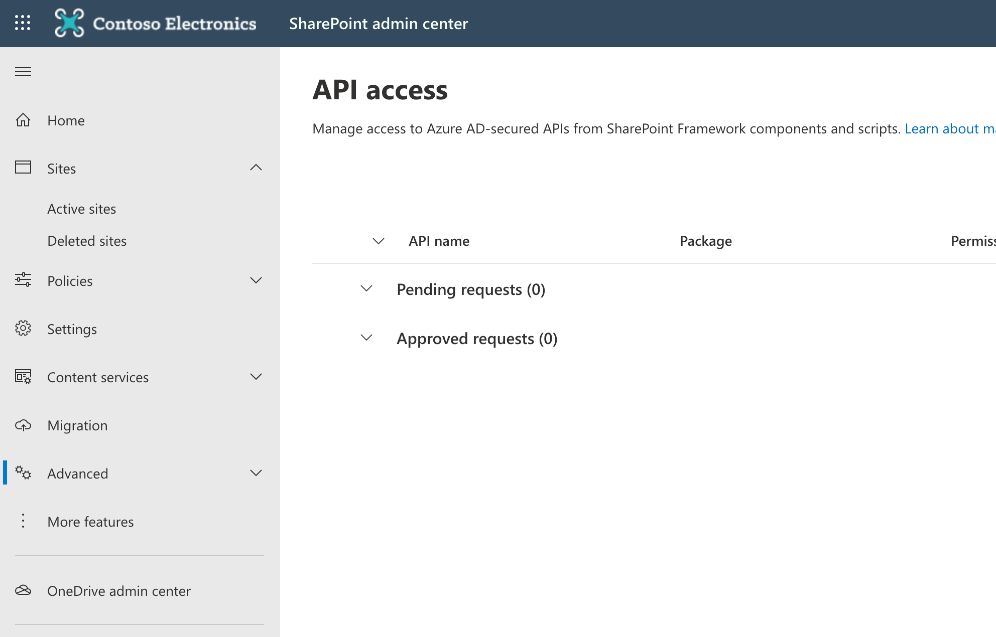 Screenshot of an empty list of SharePoint API permissions