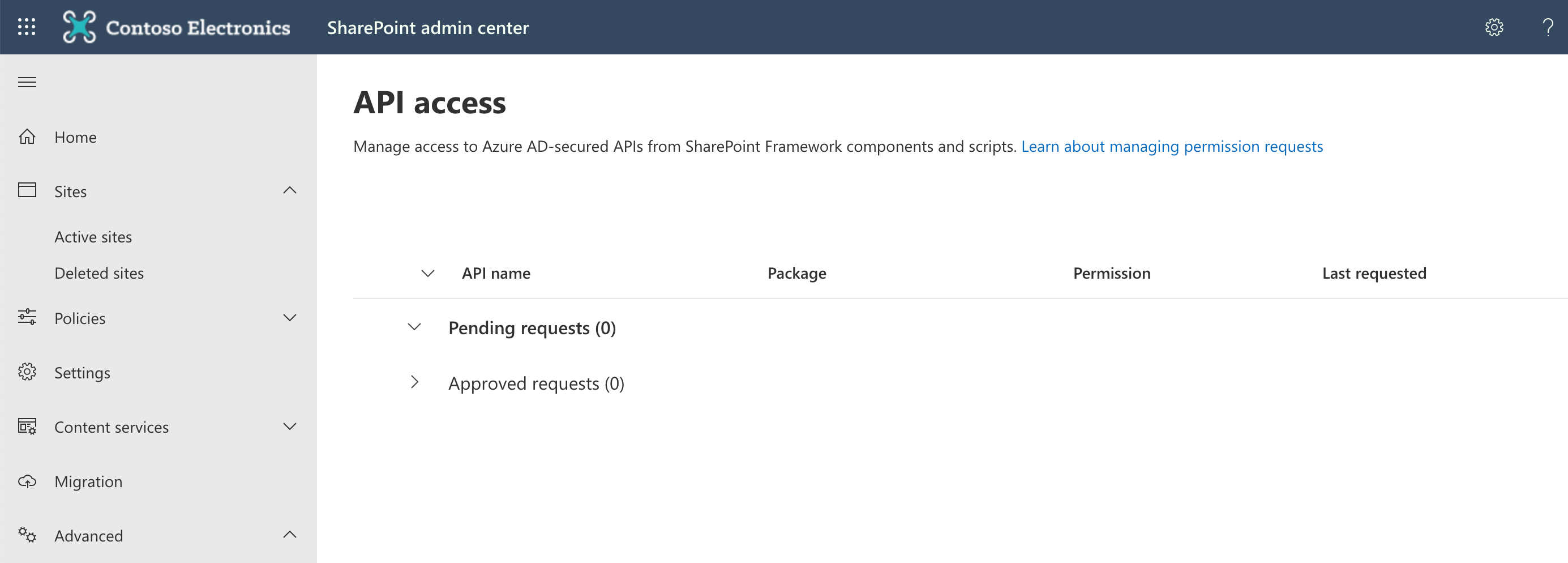 Screenshot of an empty list of SharePoint API permission requests