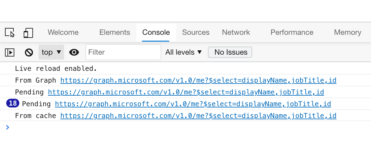 Browser's console window with multiple log statements