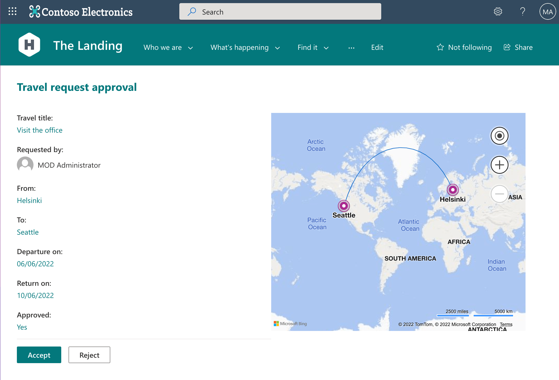 Sample application for approving travel requests, showing trip information and a map with the departure and destination, built using a SharePoint Framework Form Customizer