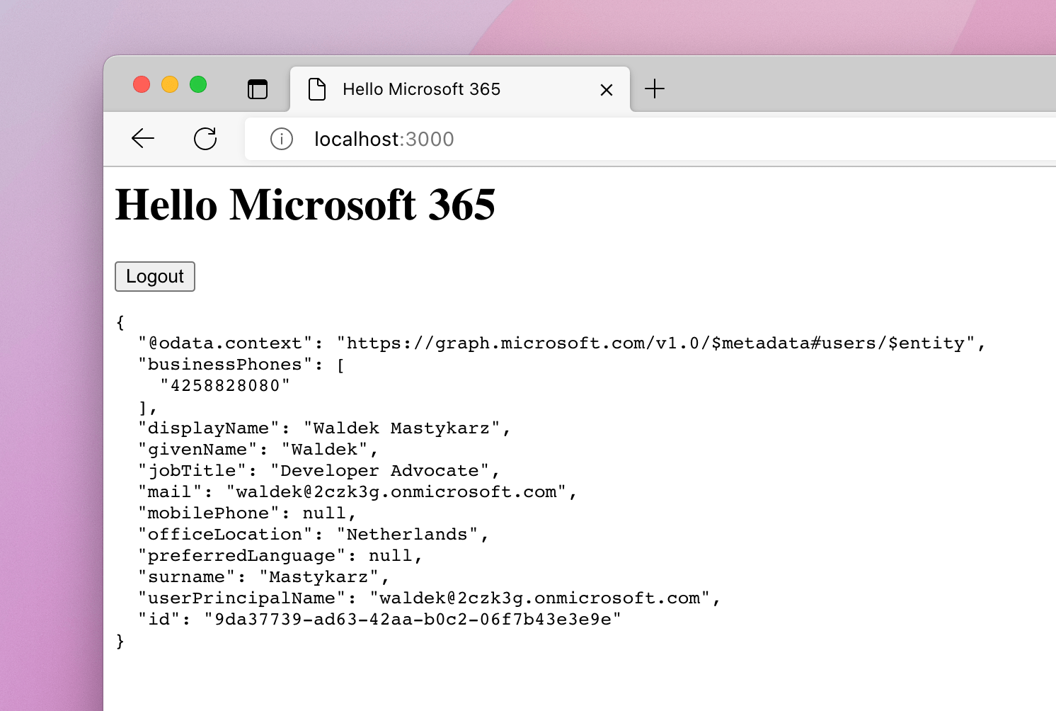 Browser window with a web page showing Microsoft 365 user profile information