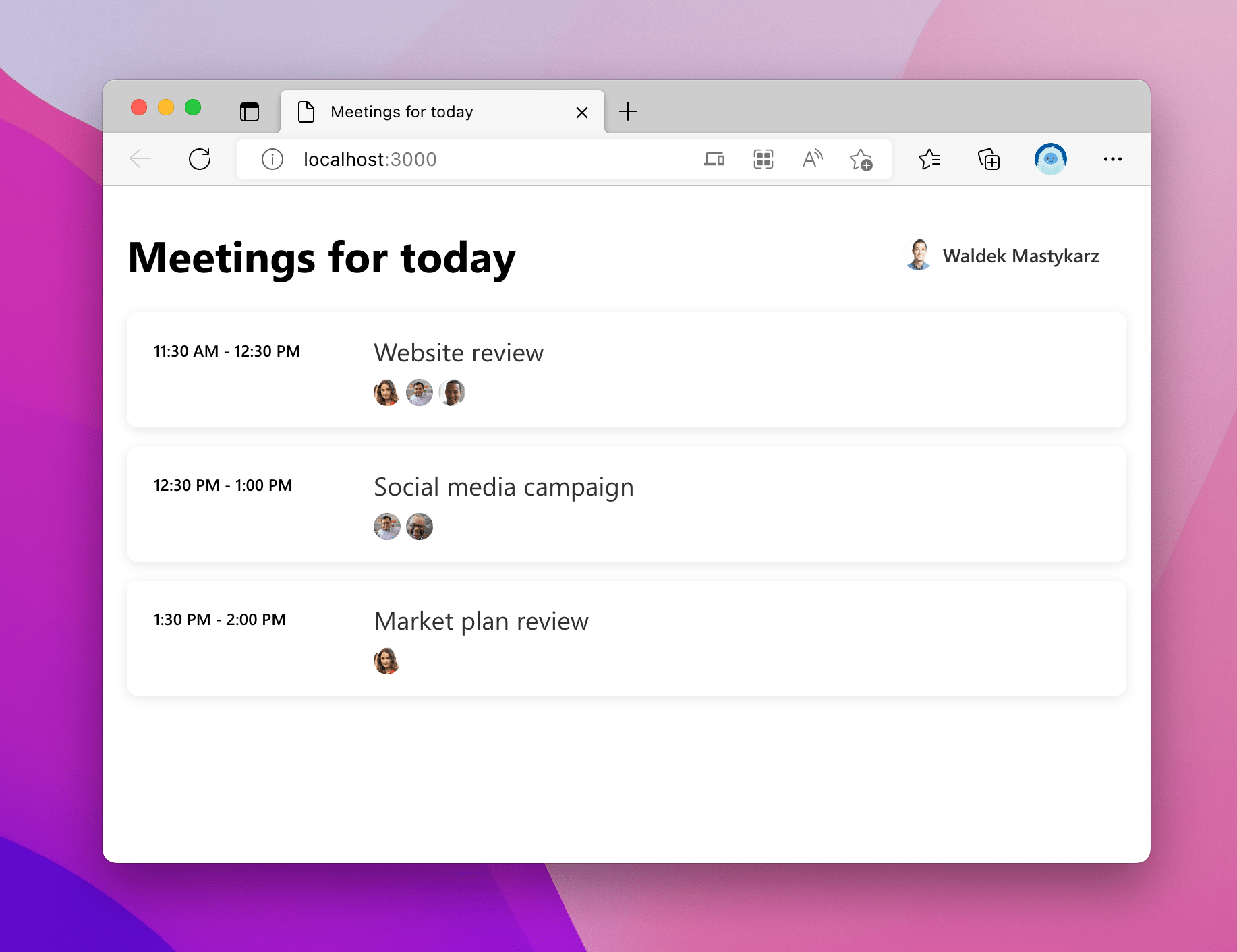 Browser window with a web page showing upcoming meetings for a user