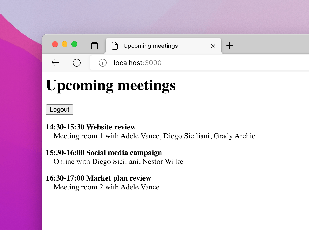 Browser window with a web page showing upcoming meetings for a Microsoft 365 user
