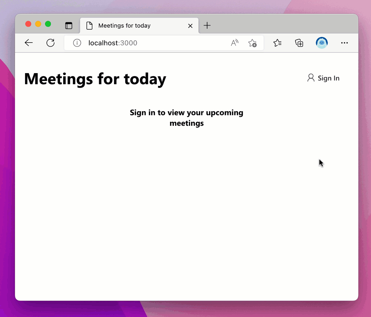 Animated gif showing signing in to the app with a Microsoft 365 account and viewing upcoming meetings