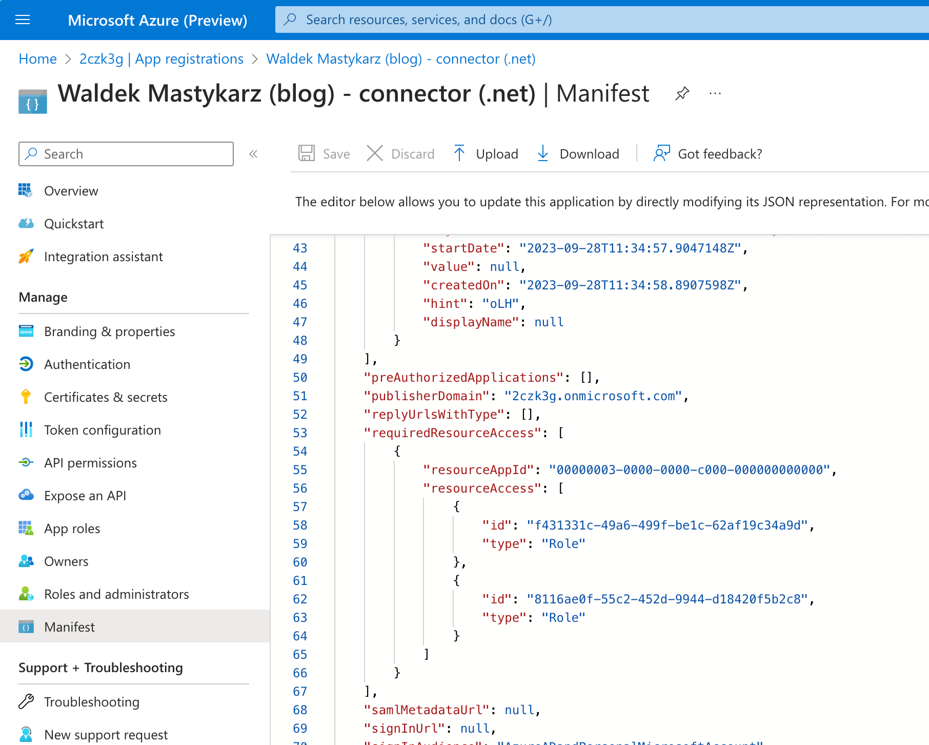 API permission highlighted in the app's manifest in the Azure Portal